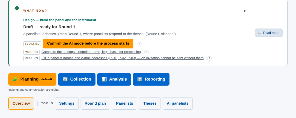 The What now? card, the areas and the Planning tools