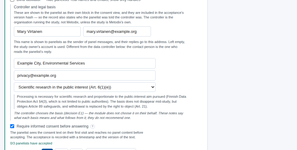 Controller and legal basis filled in