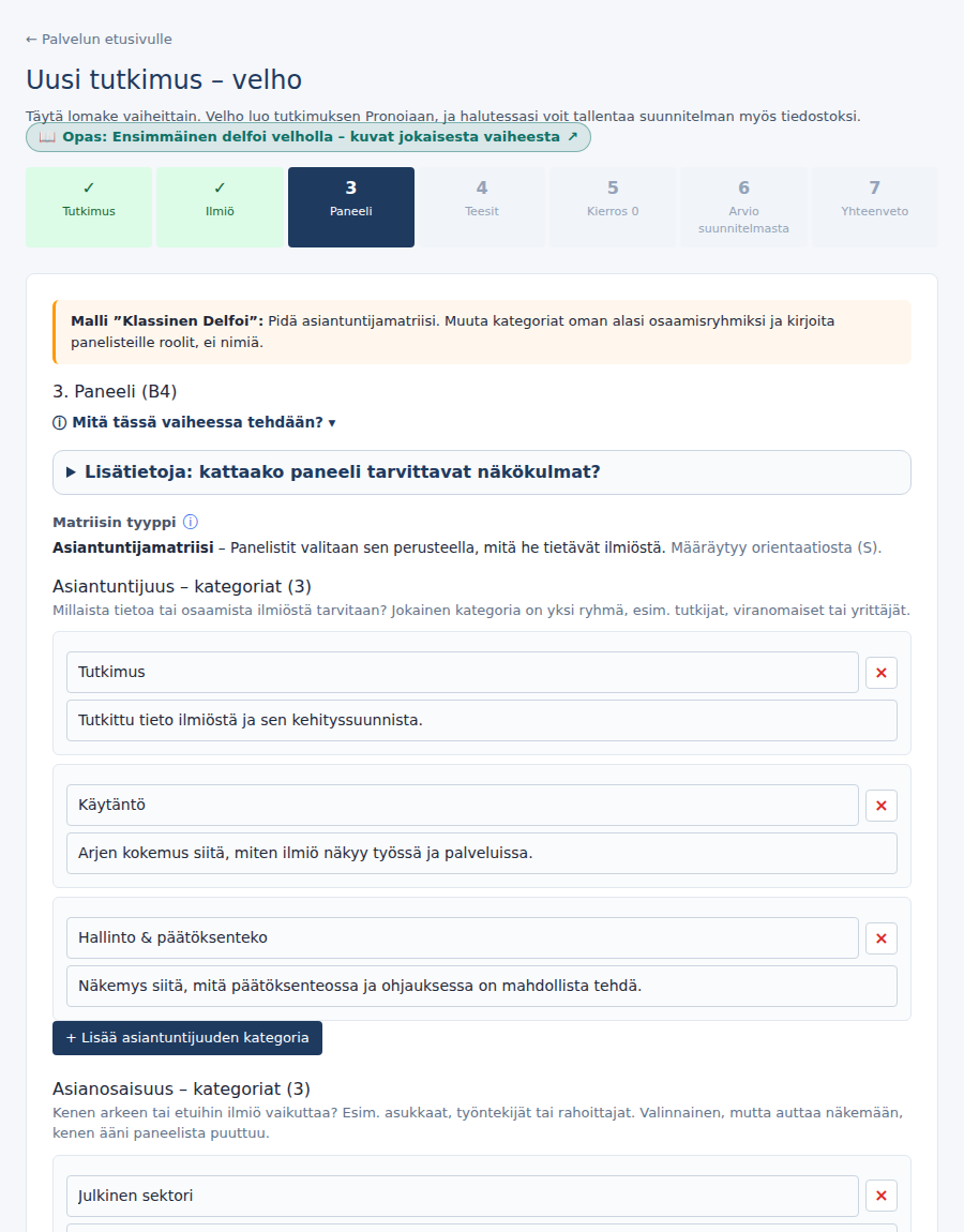 Vaihe 3: paneelin matriisi ja panelistit