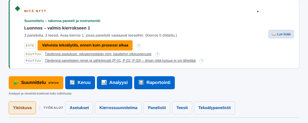 Mitä nyt? -kortti, alueet ja Suunnittelun työkalut