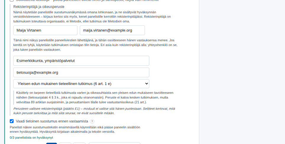 Rekisterinpitäjä ja oikeusperuste täytettyinä