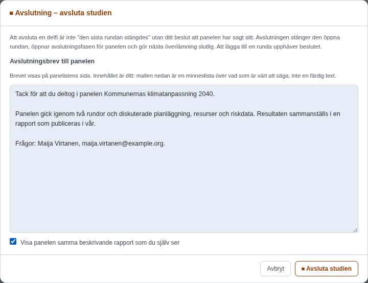 Avslutningsbrev till panelen
