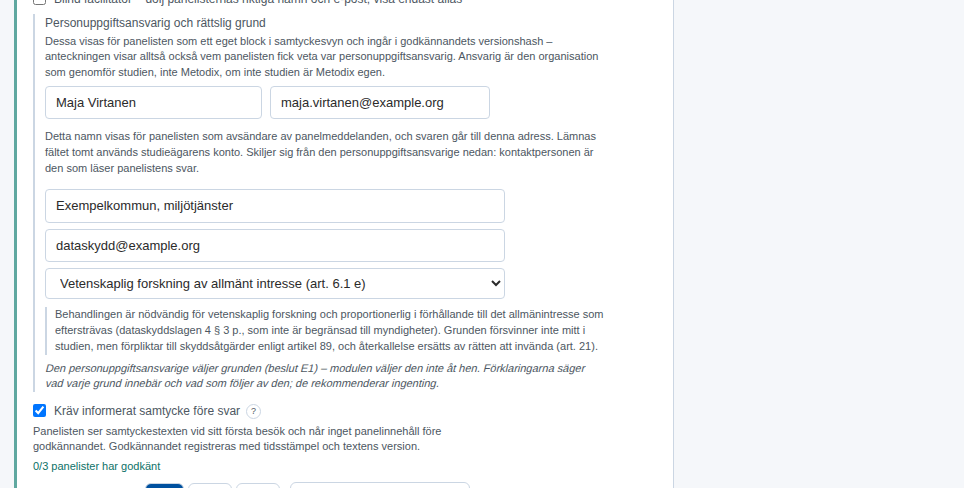 Personuppgiftsansvarig och rättslig grund ifyllda